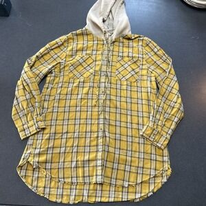 La Miel Plaid Flannel Button Up Shirt L Yellow Beige Hooded Shacket Grunge 90s